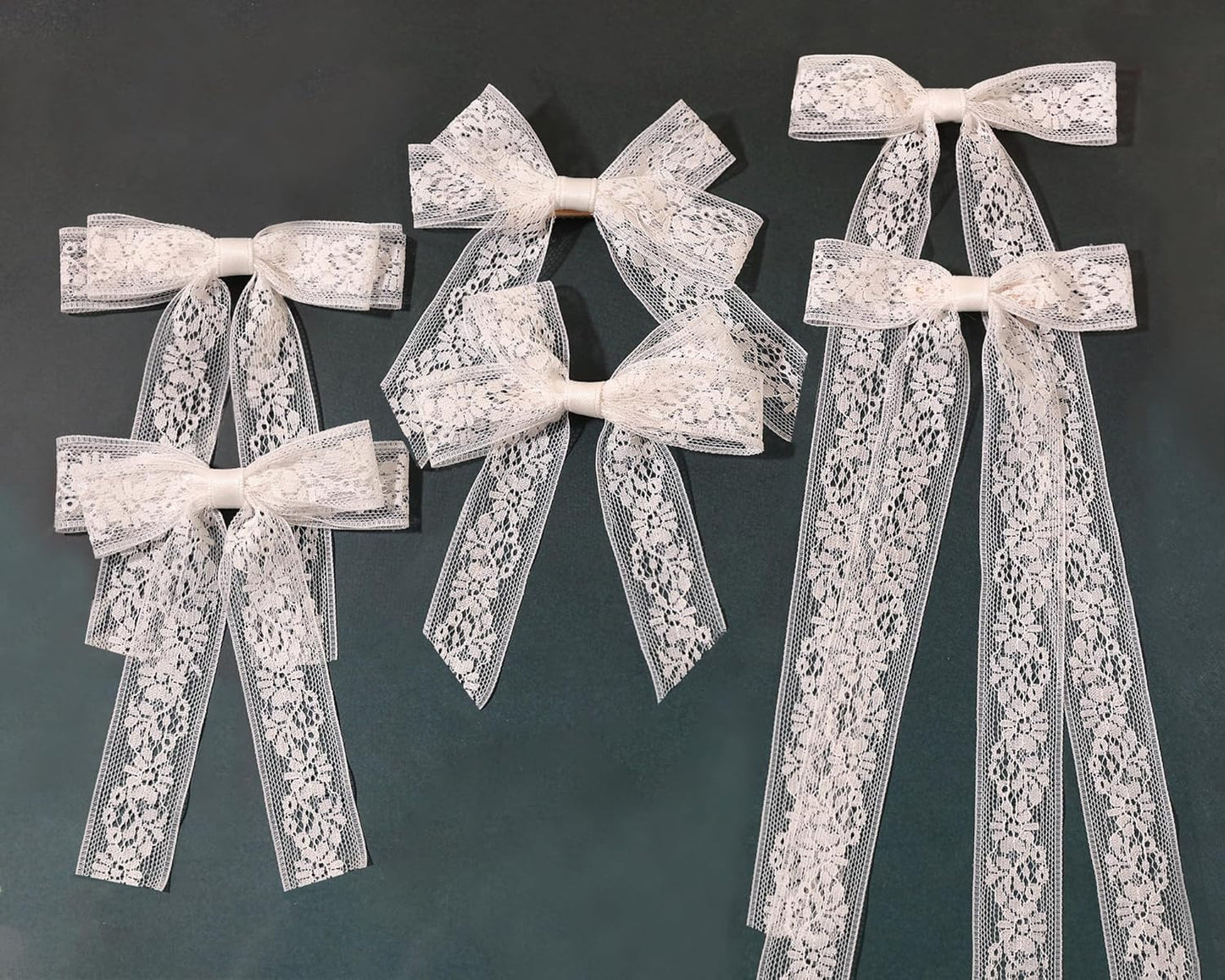 Skiennix White Lace Tulle Hair Bows - Long Tail Ribbons & Tassel Barrettes for Women