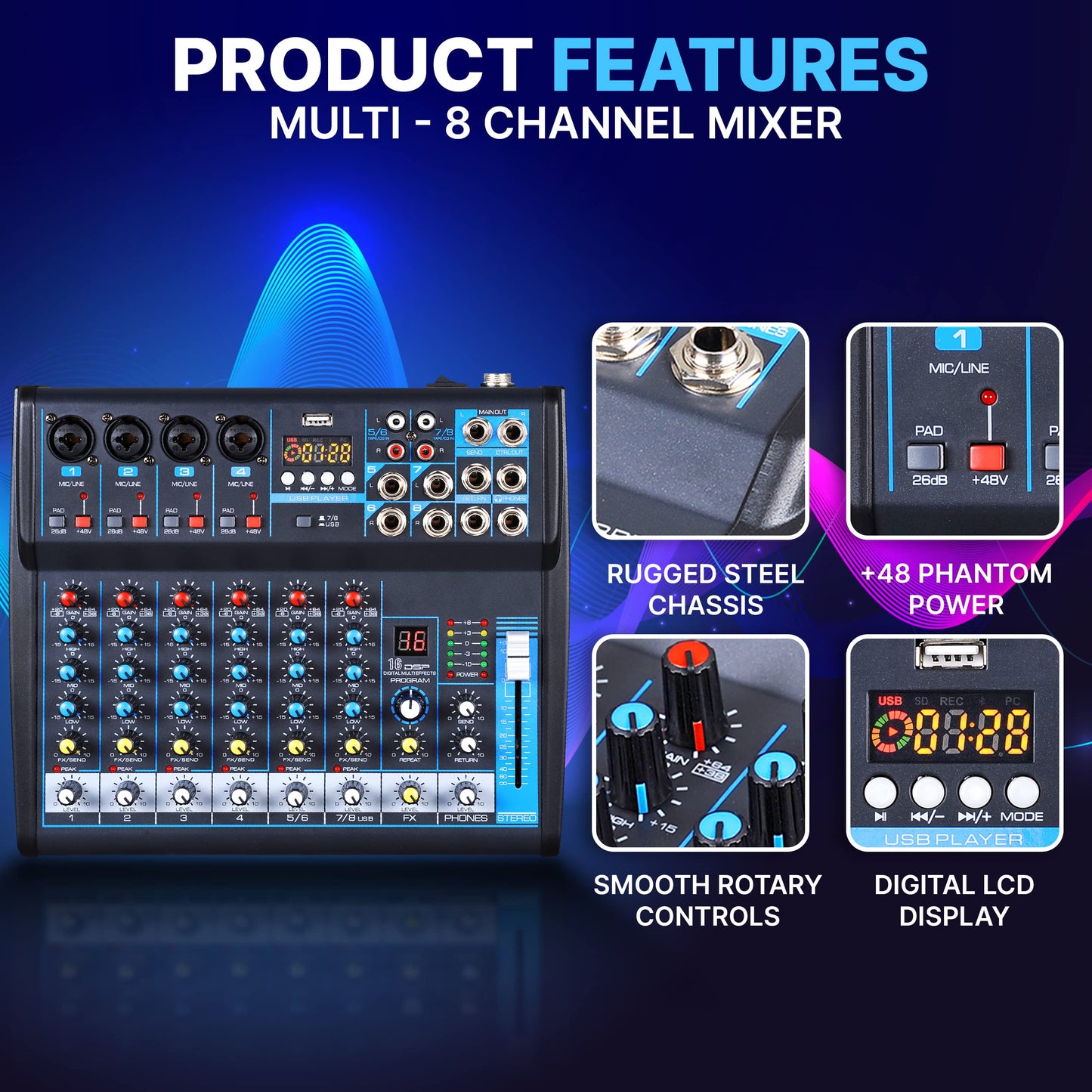Pyle 8 Channel Bluetooth Studio Mixer - USB Computer Recording, Built-In MP3 Player, 48V Phantom Power, 16-Bit DSP FX, 3-Band EQ, XLR Combo Inputs, DJ Sound Board - PMXU83BT.5