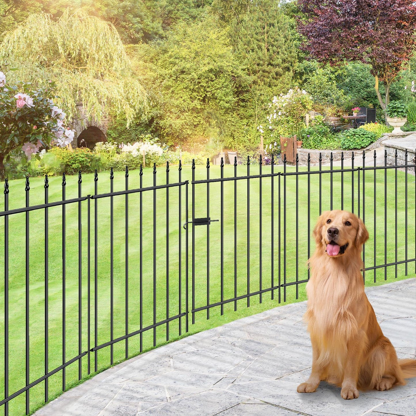 FOREHOGAR Metal Garden Fence with Gate 36 in H x 10 ft L, 1 Gate + 4 Panels Border Fence Panels Animal Barrier for Dogs, No Dig Garden Fencing for Yard Patio Flower Bed Lawn Outdoor, Black