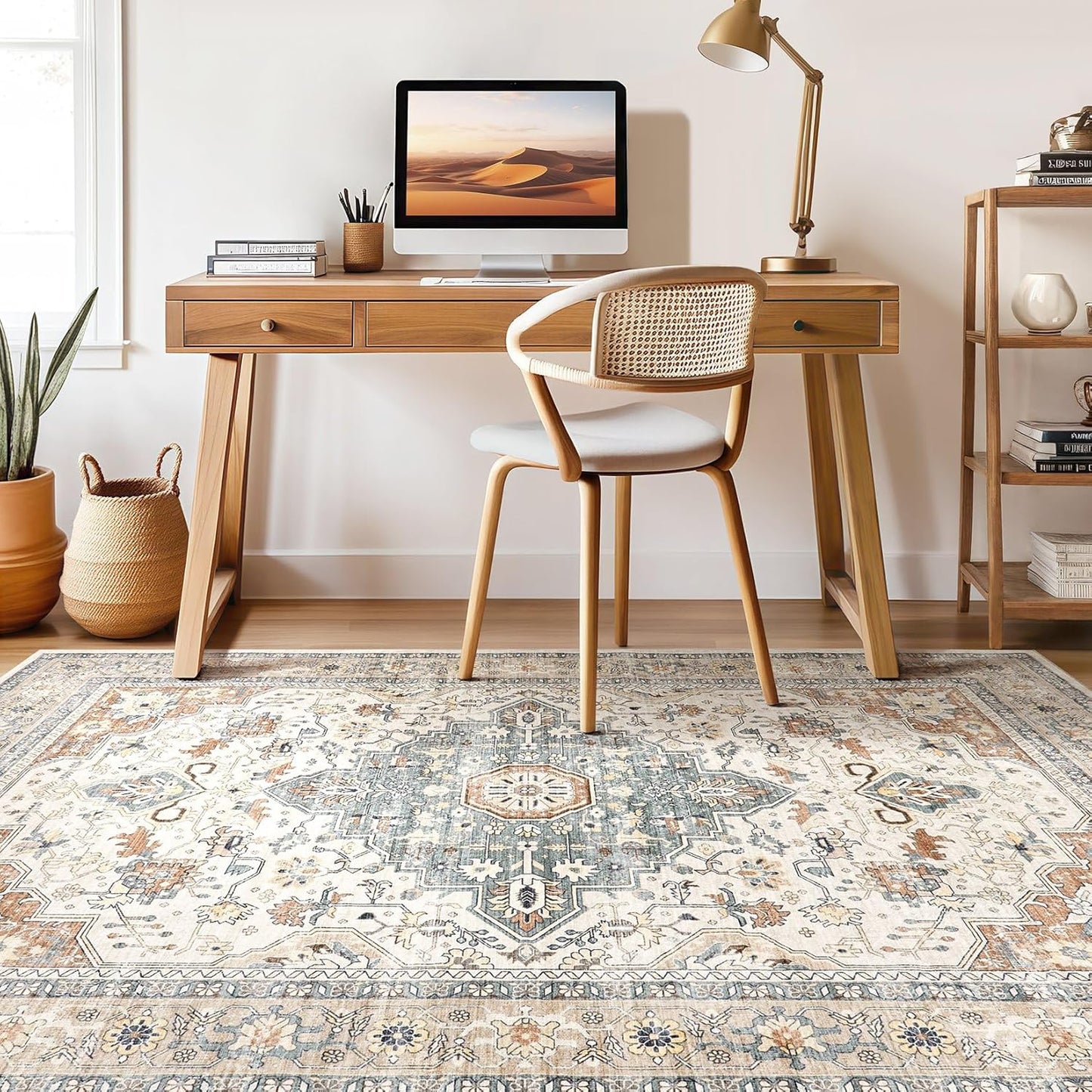 Skiennix 9x12 Area Rug - Washable Boho Vintage Soft Carpet | Stain Resistant, Non-Slip, Beige & Blue