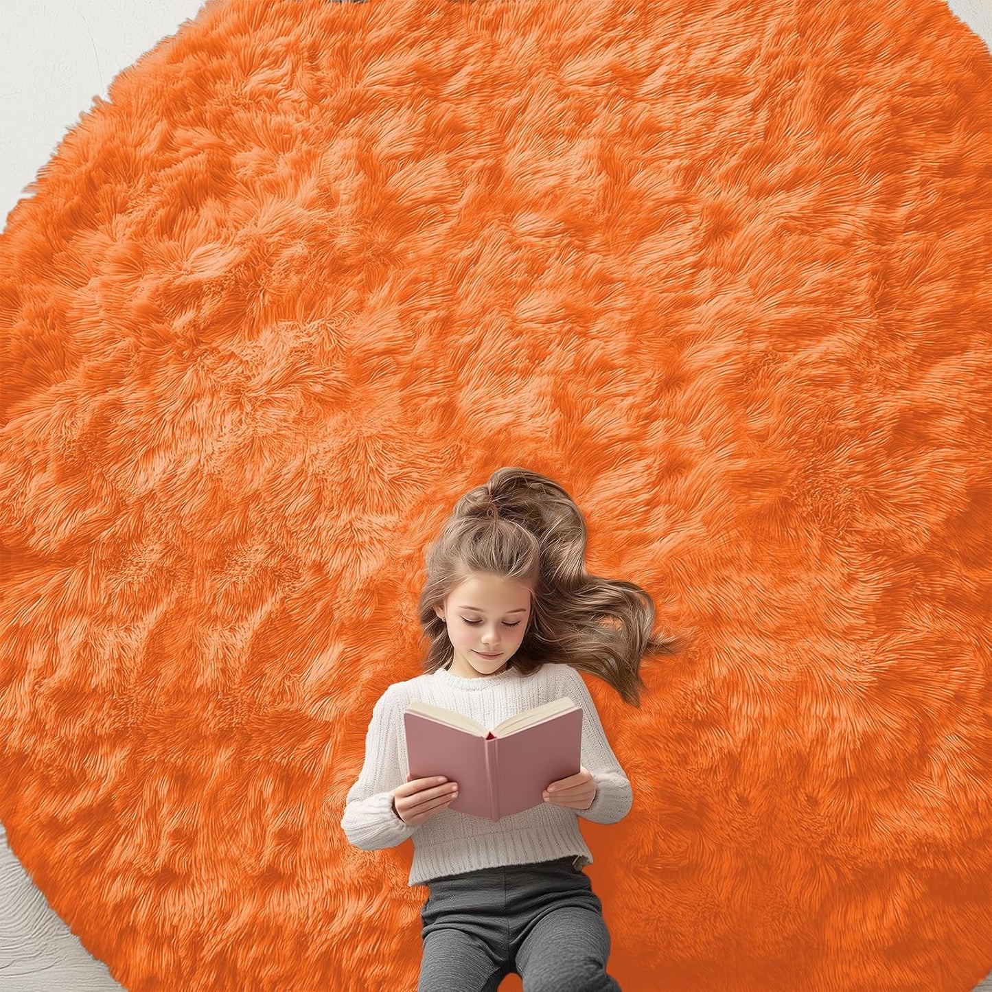 OLANLY Orange Round Rug - Soft, Fluffy Shaggy Carpet for Bedroom & Living Room | 9 ft Circle Area Rug