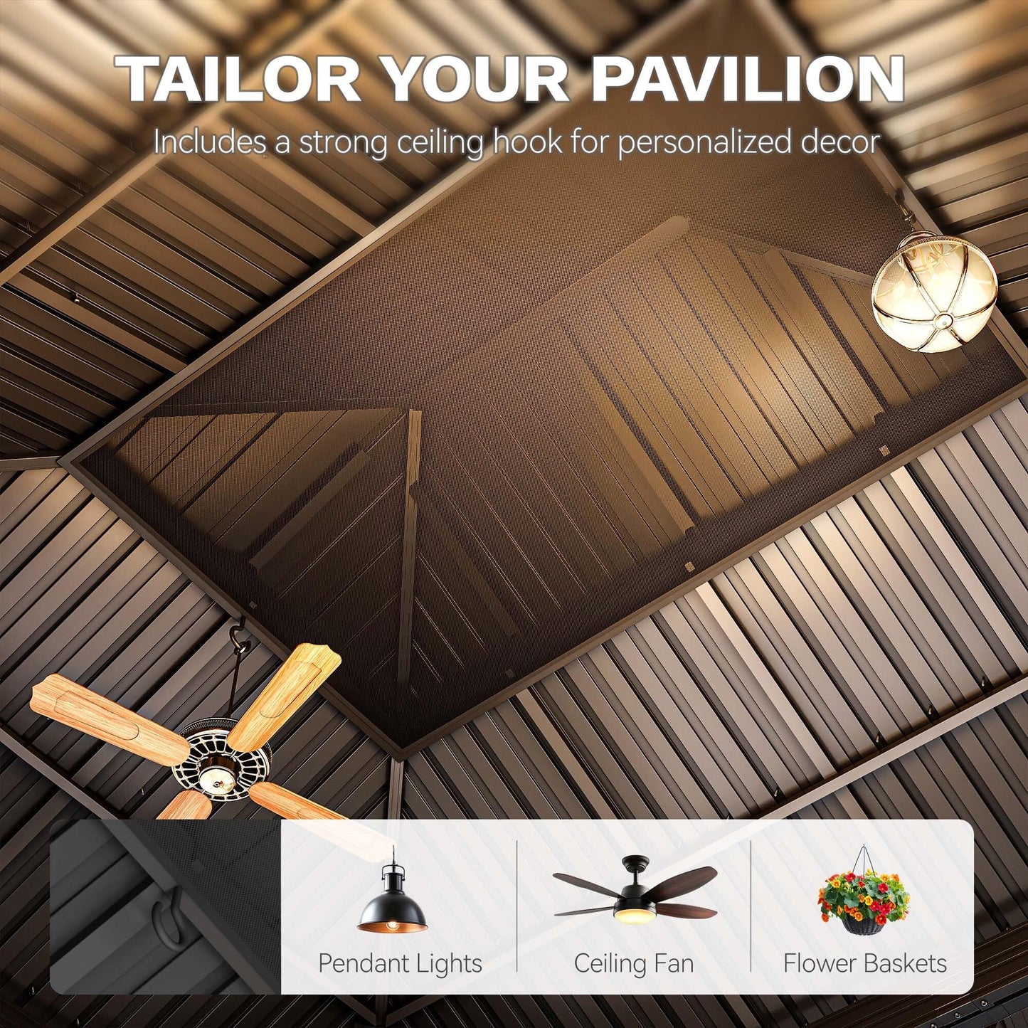 DWVO 12x14ft Hardtop Gazebo Double Roof with Nettings and Curtains, Heavy Duty Galvanized Steel Outdoor Vertical Stripes Roof for Patio, Backyard, Deck, Lawns, Brown