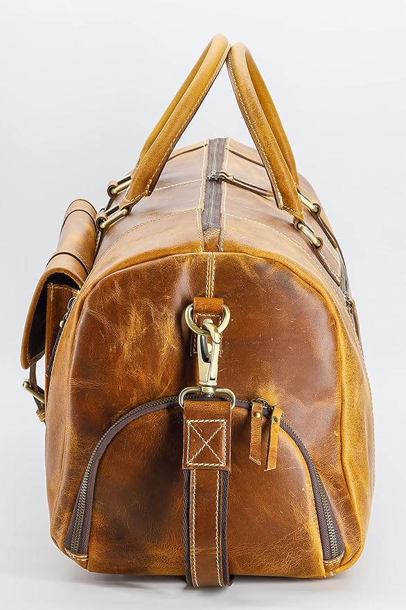 KomalC 24 Inch Leather Duffel Bags for Men and Women Full Grain Leather Travel Overnight Weekend Leather Bags Sports Gym Duffle for Men (Tan with Shoe pocket)