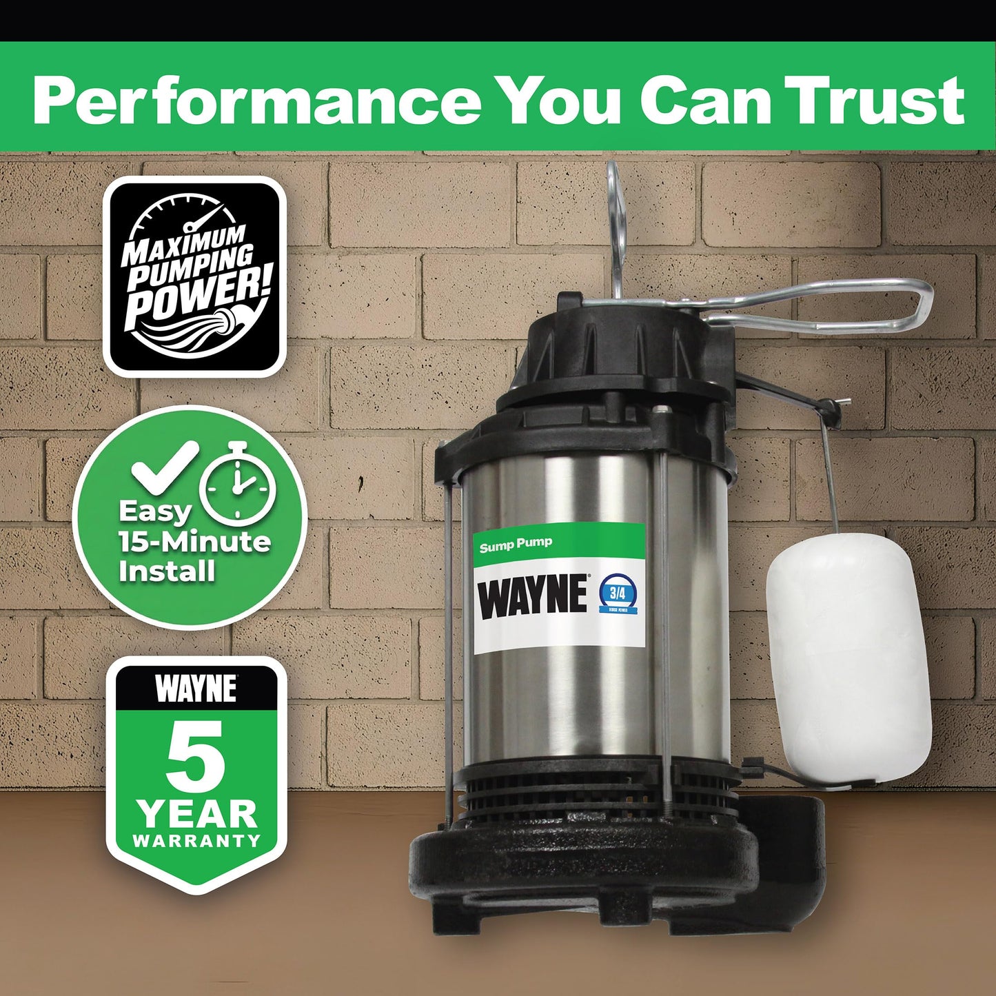 WAYNE CDU980E 3/4 HP Submersible Sump Pump – Cast Iron & Stainless Steel, Vertical Float Switch, 5,490 GPH, 5-Year Warranty