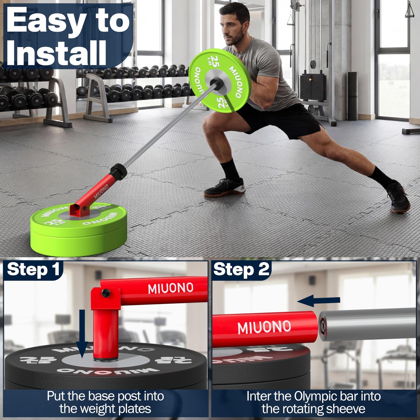 MIUONO Landmine Attachment for Barbell, T Bar Row Attachment Fit for 2" Olympic Bar, Full 360° Swivel for Back or Full-Body Workout Home Gym Equipment (Red)
