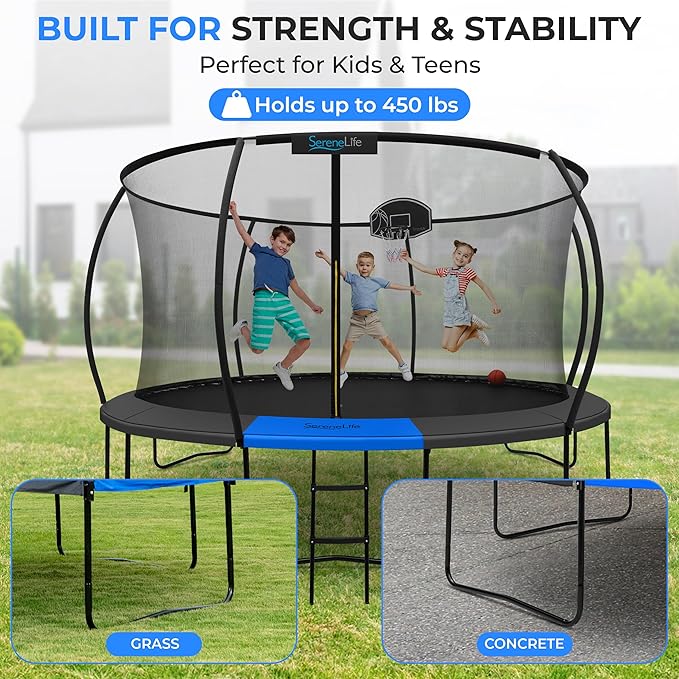 Serenelife 12FT 10FT 8FT Recreational Trampolines with Enclosure Net and Ladder and Anti-Rust Coating, ASTM Approved Trampoline Outdoor for Kids and Adults Outdoor Yard Trampolines