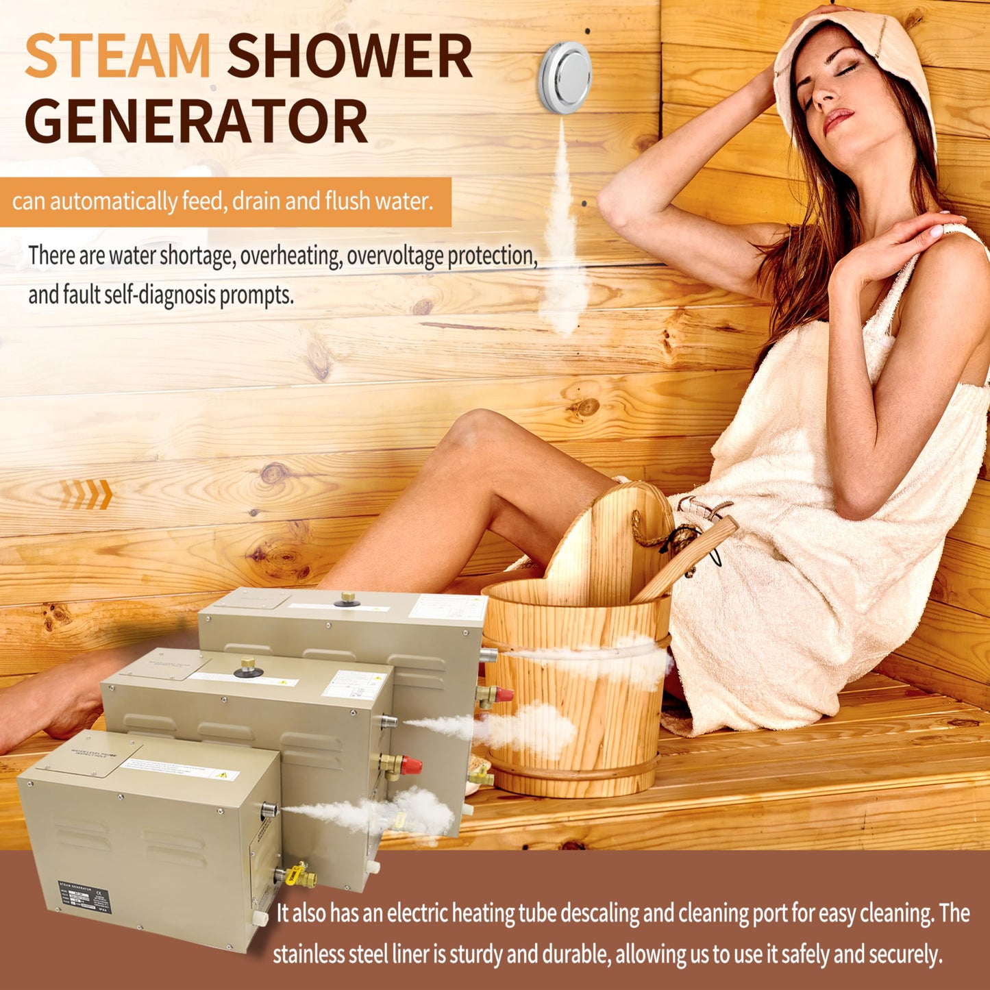 JJFFTAO,Steam shower generator,9kw Household-Commercial,Steam shower generator kit,with self-draining system,Temperature adjustable 95-131°F,Applicable space 315～350ft3