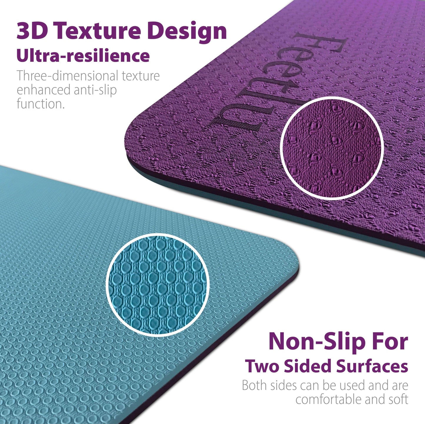 Feetlu Extra Thick Exercise Yoga Mat with Strap - 2/5 Inch (10MM), Non-Slip Workout Mat for Yoga, Pilates, and Floor Exercises(Dark Purple & Blue Gray)