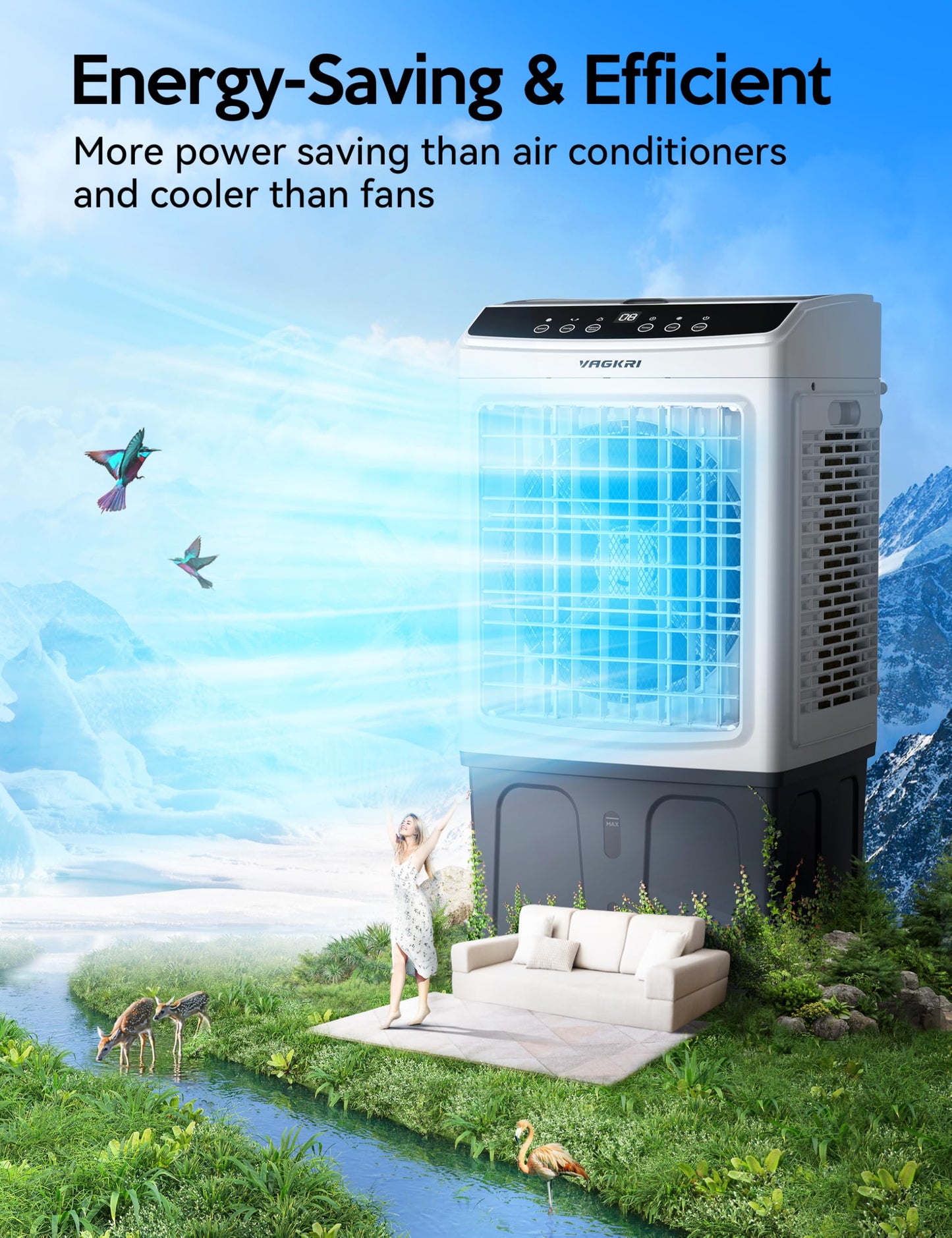 VAGKRI 35" Evaporative Air Cooler, 2800CFM Swamp Cooler, 120°Oscillation Air Cooler with Remote Control, 24H Timer, 3 Modes & Wind Speeds for Outdoor Indoor Use, 9.2Gallon