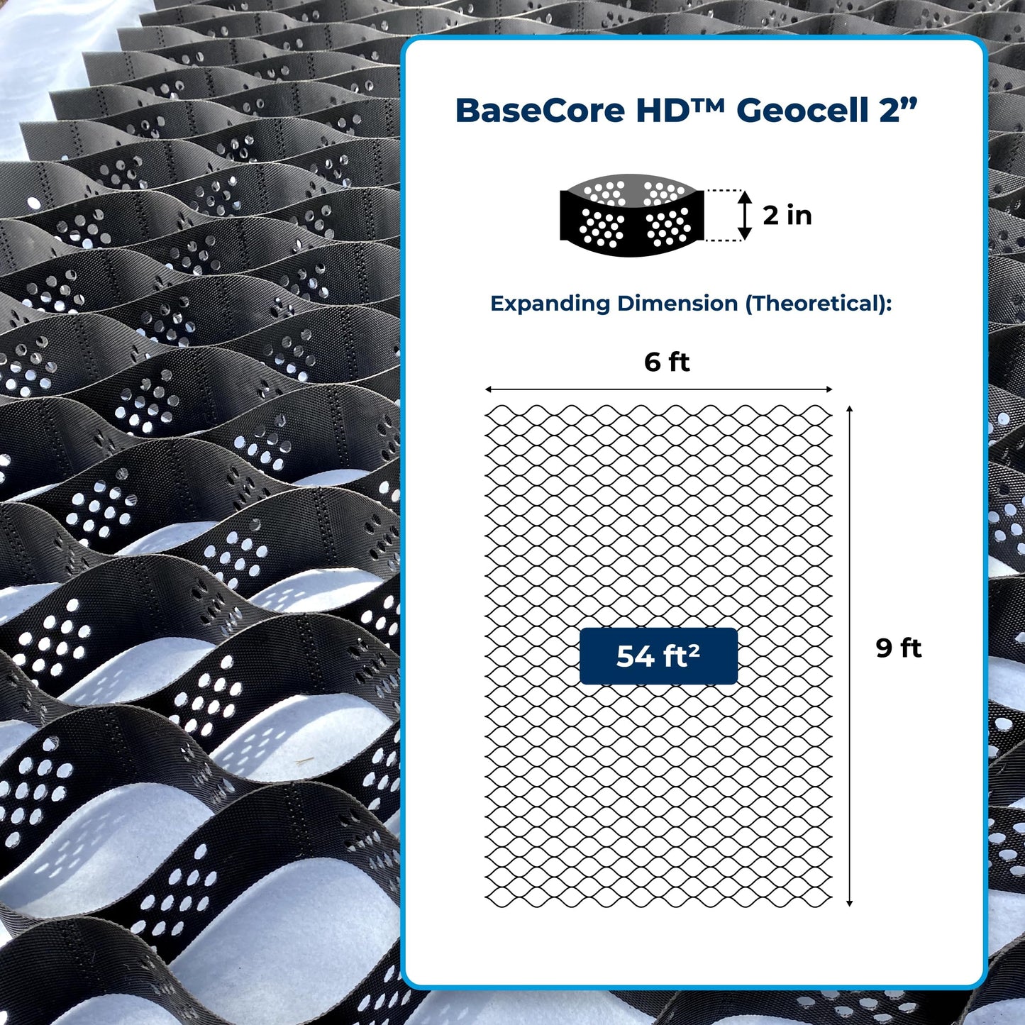 BaseCore HD™ 2" Geocell Ground Grid – 6x9 ft (54 sq ft), 1 Panel – Heavy-Duty Ground Stabilizer for Playgrounds, Stalls, Turf Bases, Sheds, Walkways, and Paver Base - Durable, Erosion-Resistant