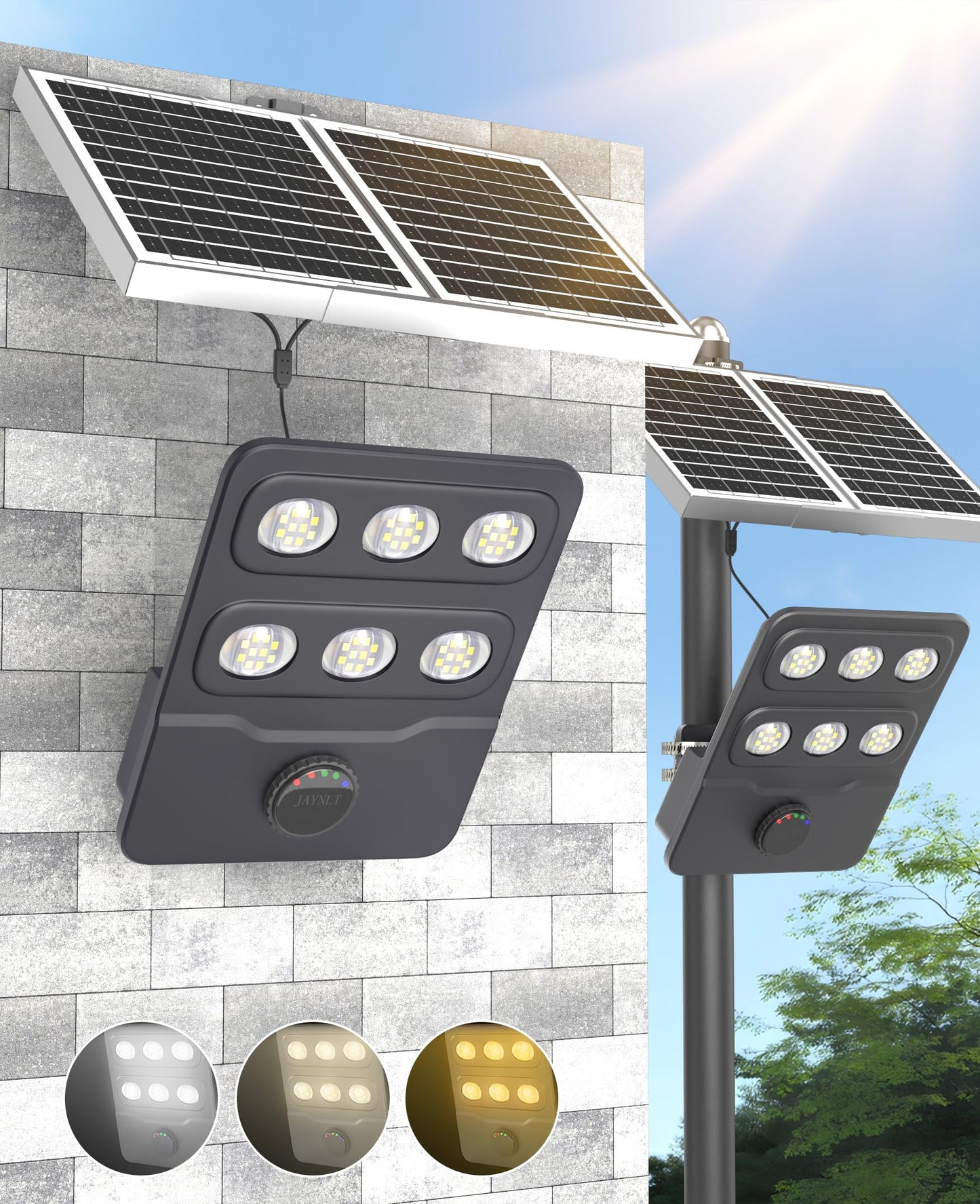 JAYNLT JX-10000W Solar Flood Lights Outdoor, 3000K/4000K/6500K Commercial Parking Lot Lights Dusk to Dawn,Motion Sensor Solar Powered Security Spot Lights, IP67 Waterproof, for Yard, Garage-2Pack