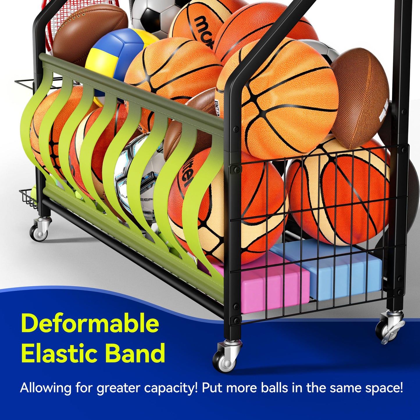 Keepmisc Sports Equipment Organizer, Rolling Ball Storage Cart with Locking Wheels, Hooks & Bat Rack