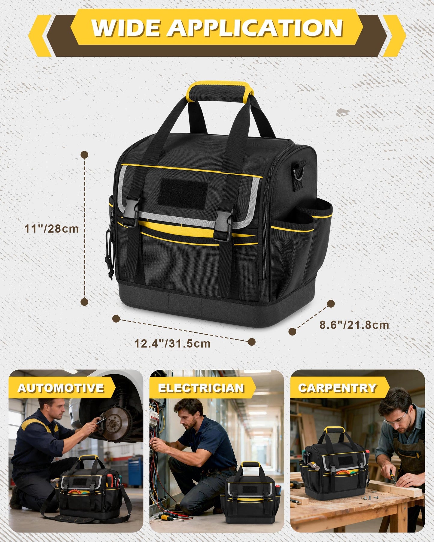 Trahzia 12-Inch Tool Bag with Hard Bottom, Electrician Tool Box Organizer with Detachable Divider, Multi-Purpose Work Tote for Mechanics, Carpenters, Plumbers, Black