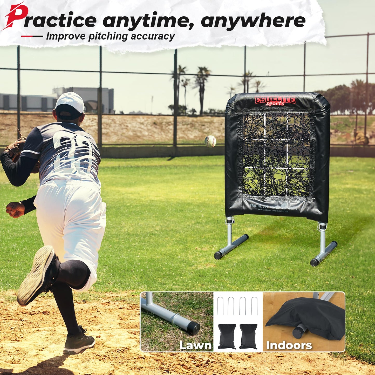Heavy-Duty 9 Hole Pro Style Baseball & Softball Pitching Net with Strike Zone Target - Adjustable Portable Design for Training, Includes 4 Stakes & 2 Sandbags（Black Pro）