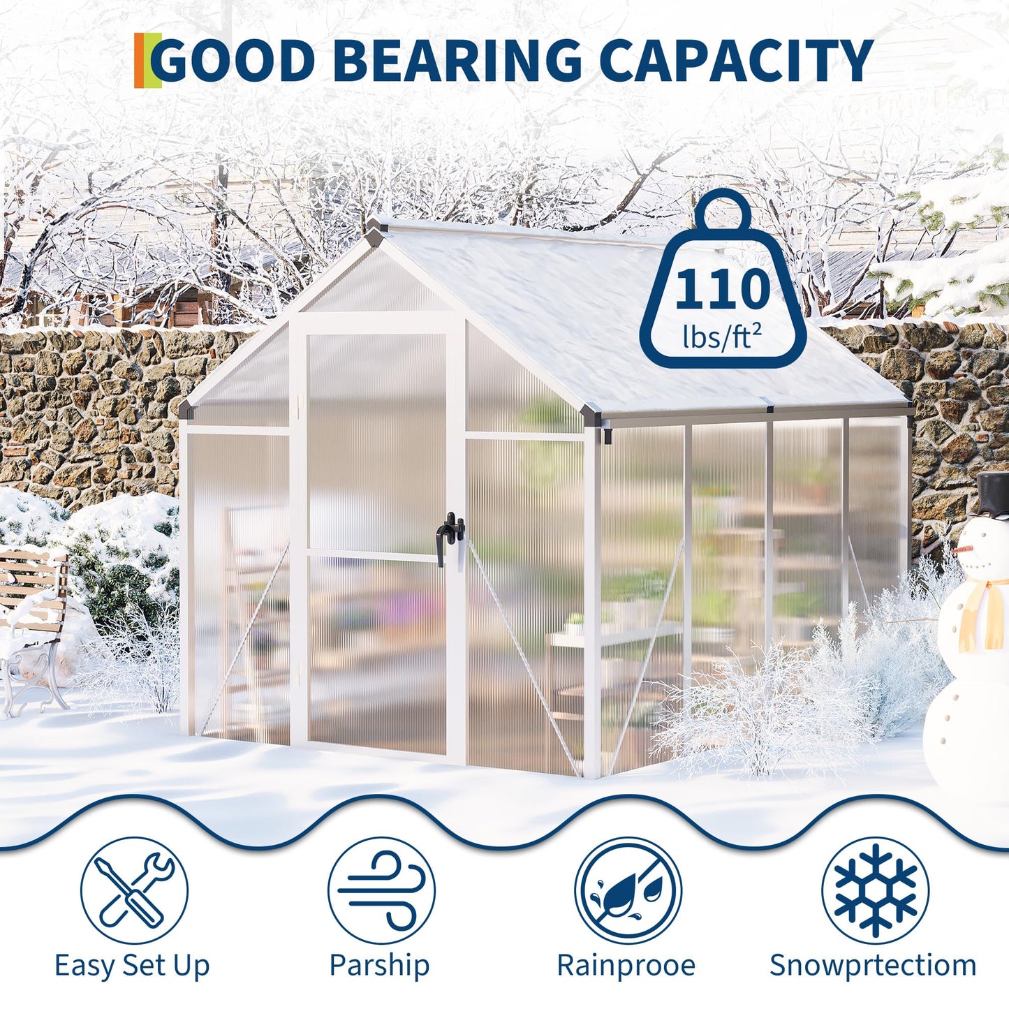 6X8FT Greenhouse, Aluminum Polycarbonate Outdoor Green House, Green Houses for Outside with Sliding Doors, Ajustable Roof Vent, Withstands Bad Weather for Garden, or Backyard, Silver