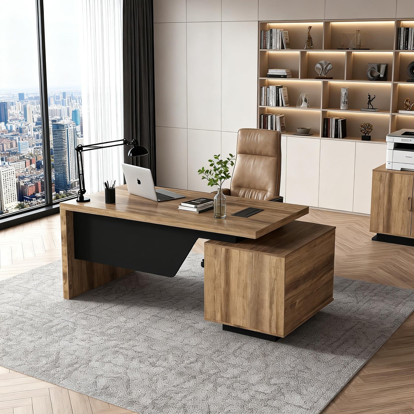 SAINTCY Modern Executive Desk with Storage Cabinet, Configurable Length 62.99" or 70.87", Large Office Desk with 2 Drawers, Home Office Desk with Reversible Cabinet &Cable Management (Mahogany, Left)