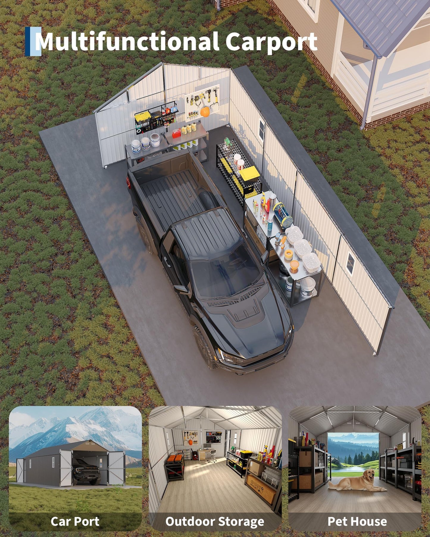 12x25 FT Metal Garage Shed, Outdoor Extra Large Storage Shed with Double Hinged Doors, 4 Windows, Heavy Duty Carport for Cars, Boats, Trucks and Equipment Storage, Gray