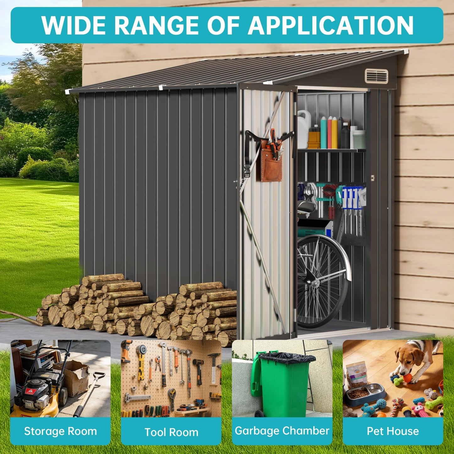 4x6 Lean to Yard Storage Shed, Outdoor Metal Wall Side Bike Shed with Lockable Door for Tool Garden for Patio Lawn Yard, Black