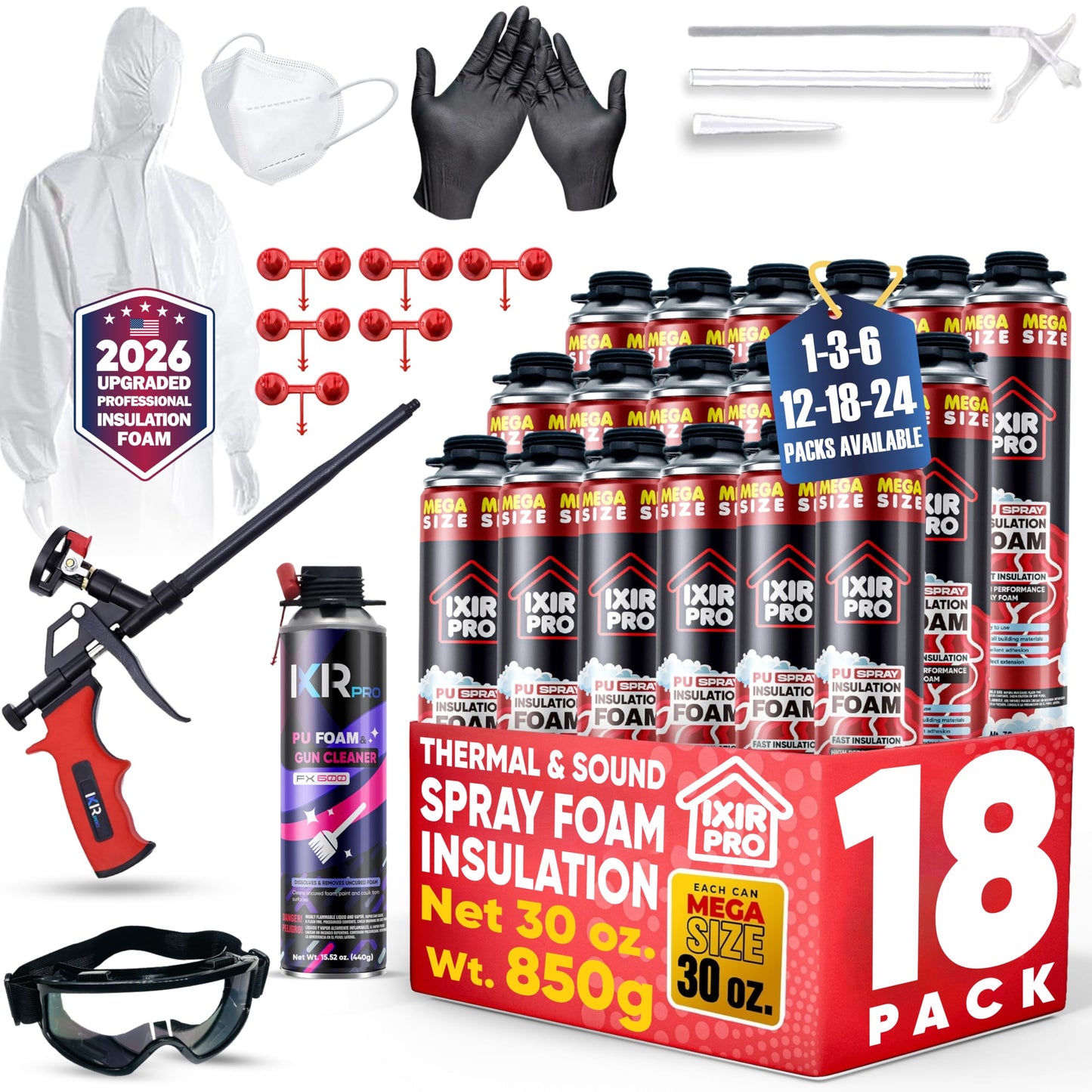 ixirpro Spray Foam Insulation Kit (18 PK Kit-30oz) Expanding Sealant, Spray Foam, Mega Size Closed Cell Heat Acoustic Insulation, High Density, Cleaner, Gun