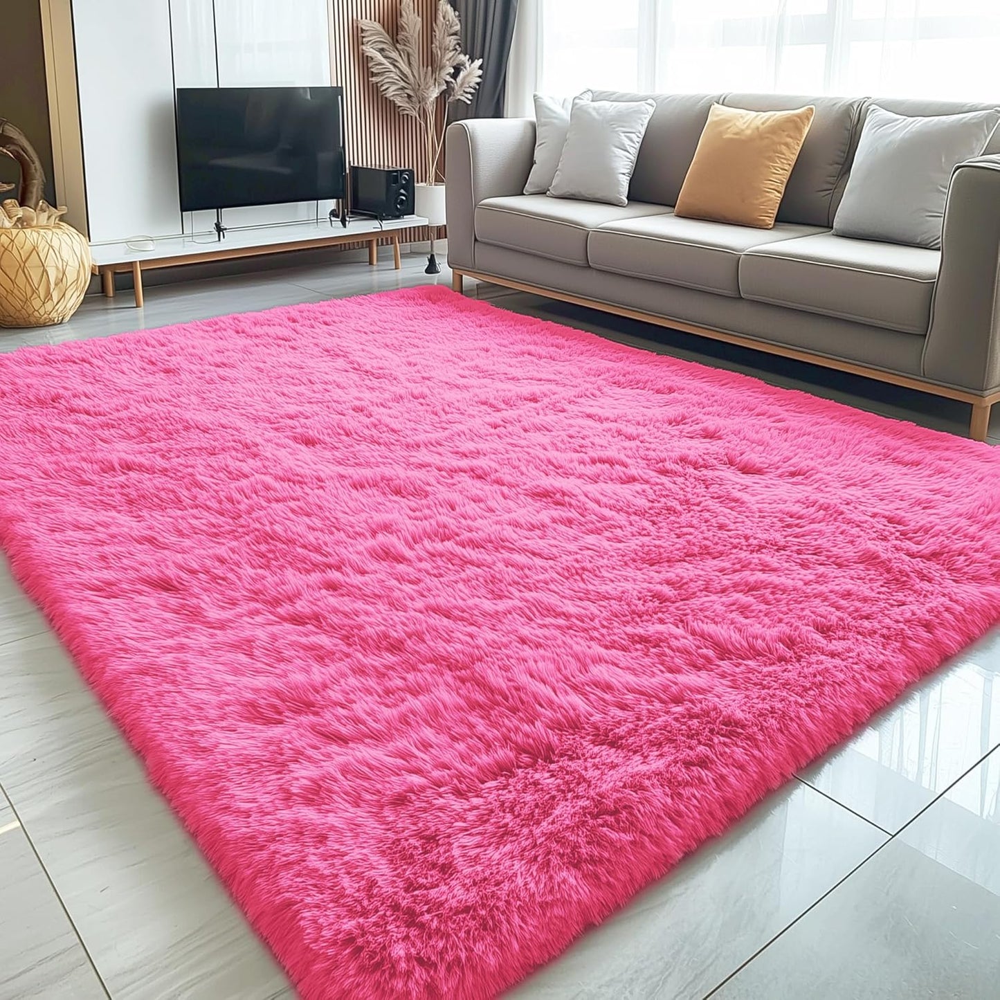 OLANLY Large Area Rug - Soft Fluffy Shaggy Carpet for Living Room & Bedroom | 8x10 Hot Pink