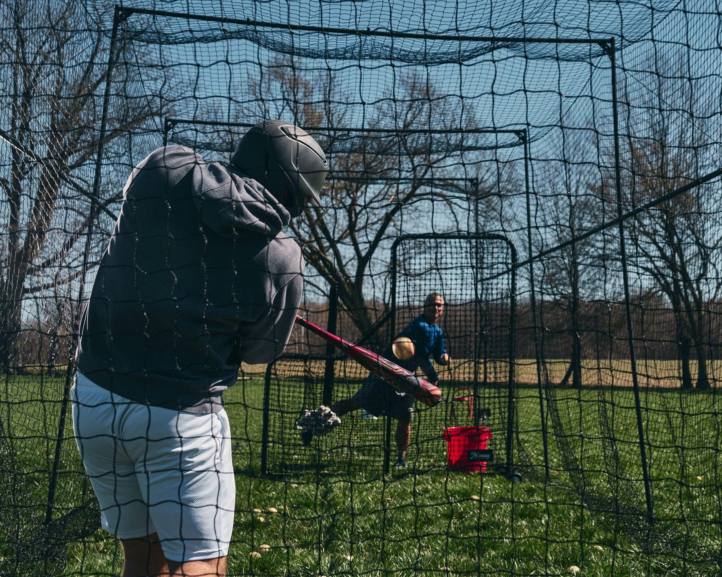 Murray Sporting Goods Baseball/Softball Batting Cage 40 ft - Black Steel Metal Frame with 60-Ply Net | Net Includes 7 ft Entrance Door and 4 ft Pitching Machine Hole