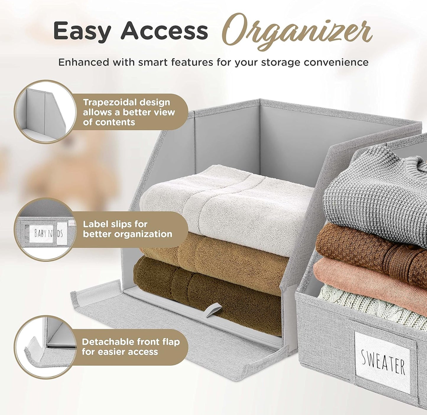 VIVIDECOR Trapezoid Closet Bins - Light Gray Fabric Storage Baskets, 12x12x10, 3 Pack | Collapsible Organizers