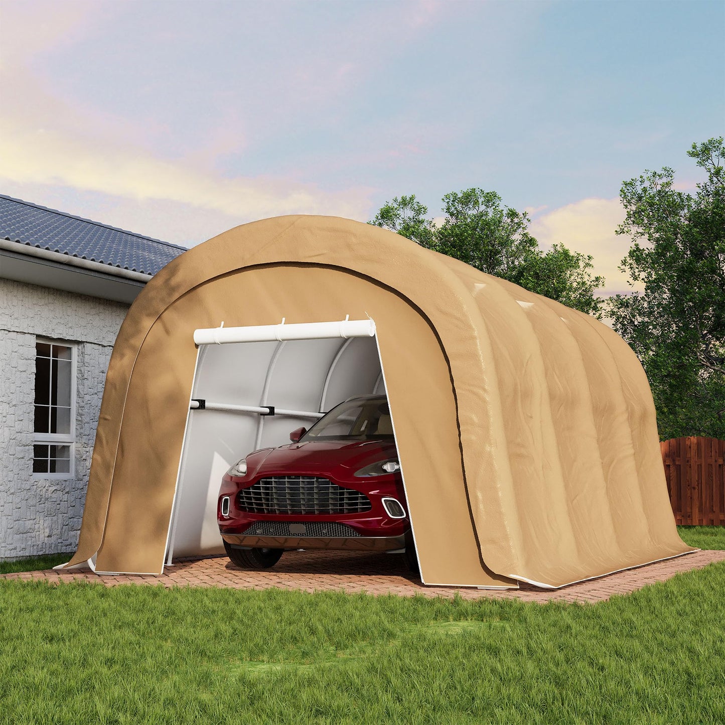 COSIEST 10'×20' Storage Shelter Outdoor Round Carport, Heavy-Duty Garage Canopy with Dual Roll-Up Doors Weatherproof PE Cover, Multi-Purpose Vehicle/Tractor Shed for Backyard/Driveway/Farm(Beige)