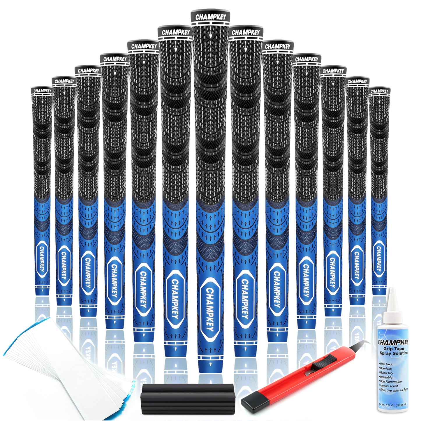 CHAMPKEY Premium Hybrid Golf Grips 13 Pack with All Repair Kits - All Weather Performance Golf Club Grips - High Traction and Control Half Corded Golf Grips for Men(Blue,Midsize)