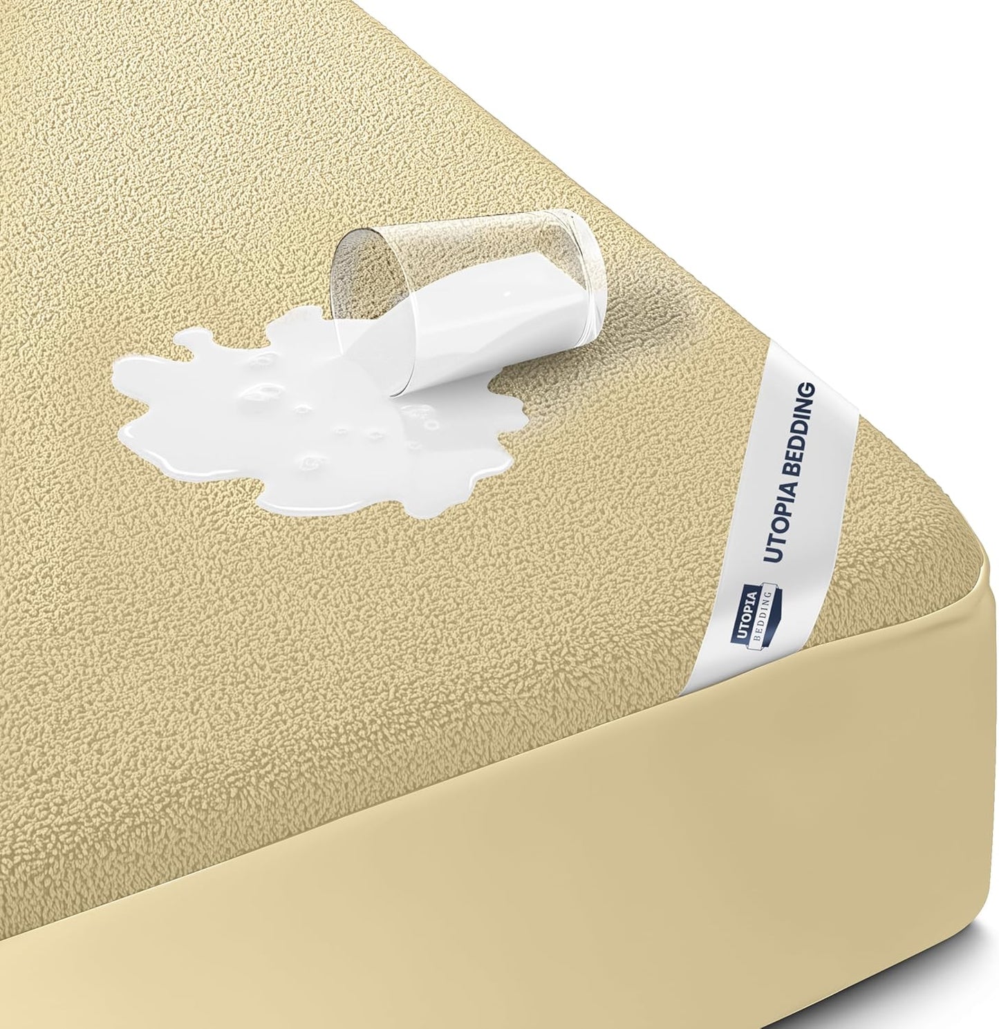 Queen Size Mattress Protector Waterproof, Premium 200 GSM Terry Mattress Cover, Soft & Breathable Bed Cover, Fitted Sheet Style Stretchable Deep Pockets 17" by Utopia Bedding (Beige)