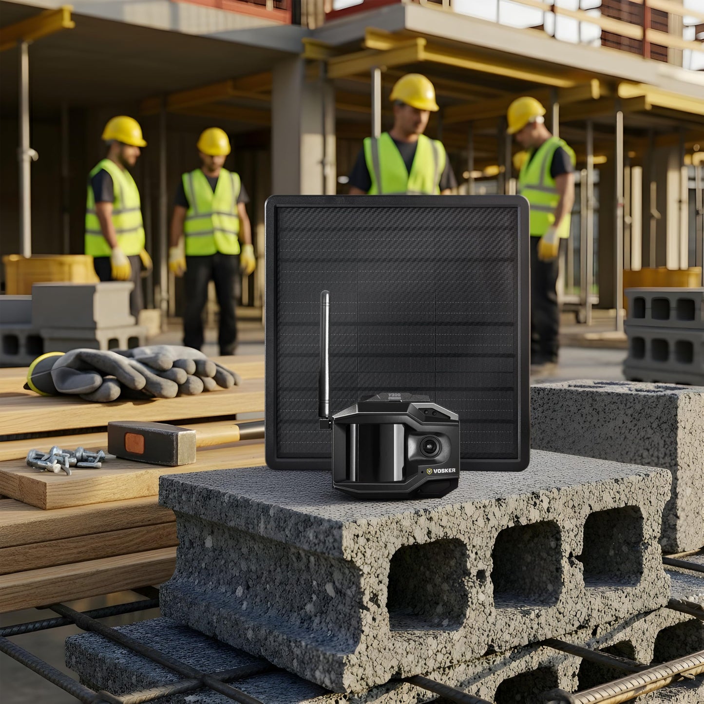 Vosker V300 Ultimate Construction Pack Outdoor Security Camera with External Solar Panel for Remote Construction Sites 4G LTE Black Single Unit with Battery
