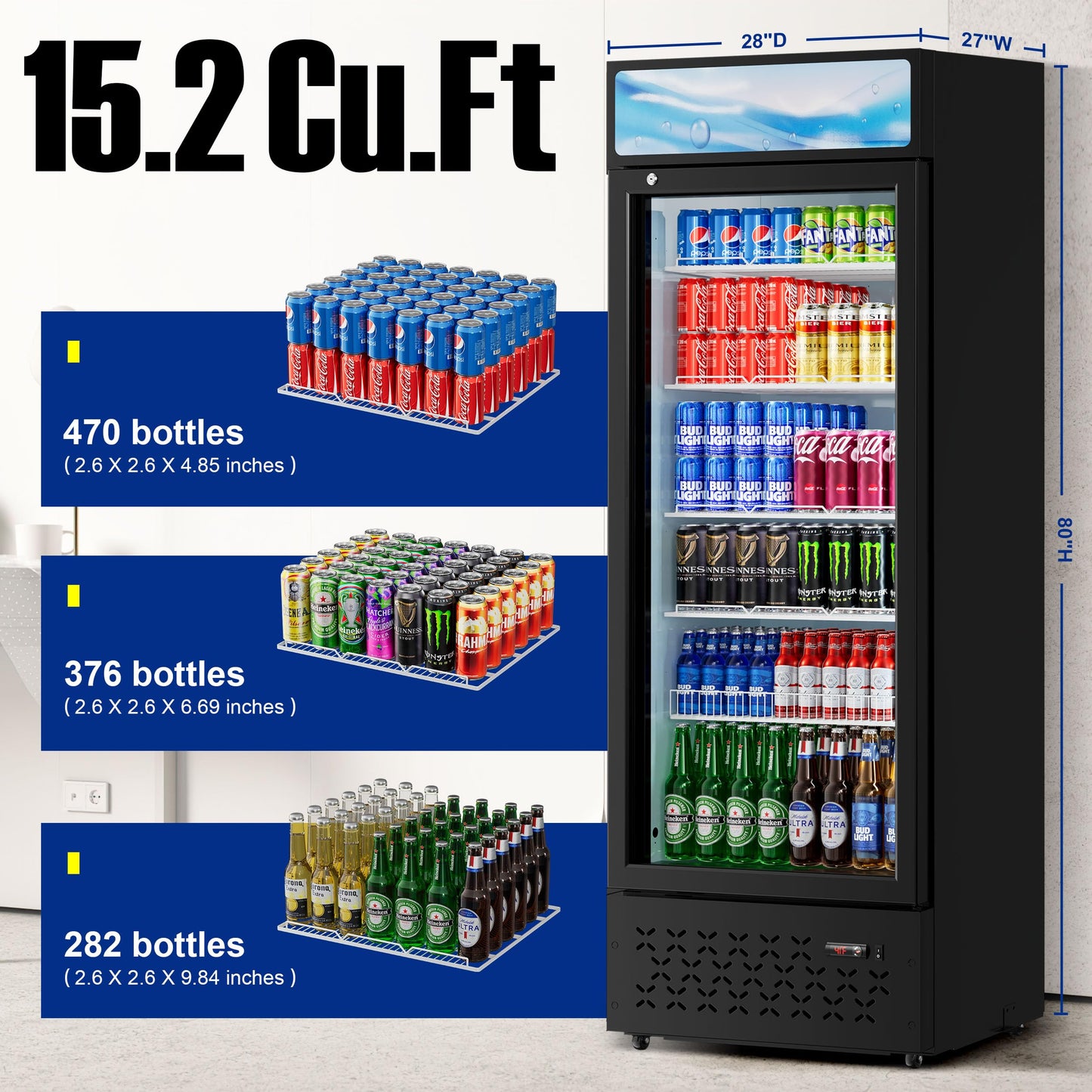 Beverage Cooler Commercial Refrigerator 15.2 Cu.Ft. Glass Door Display Refrigerator with LED Light, 5 Shelves, Display Commercial Beverage Refrigeratorfor Restaurant Cafe Bar Store (15.2 Cu.Ft.)