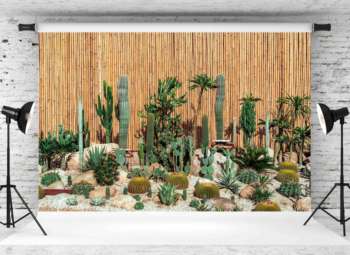 MAEQLQLM 9x6ft Desert Cactus Garden Backdrop Variety Cacti Succulents Bamboo Fence Background for Nature Theme Party