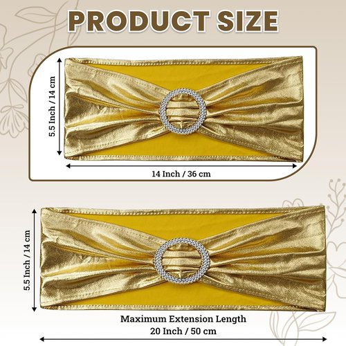 MDS Spandex Foil Chair Sashes - Universal Elastic Stretch Bands with Buckle for Weddings | Metallic Gold (Pack of 10)