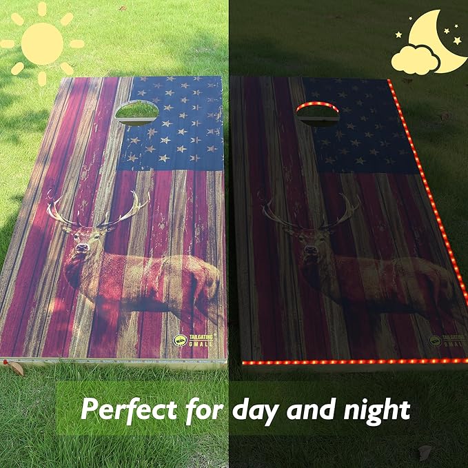 LED Cornhole Board Set 4FTx2FT Solid Wood Regulation Size Cornhole Set with LED Lights Includes 8 Cornhole Bags for Adults (USA Flag & Deer, 4'x2')