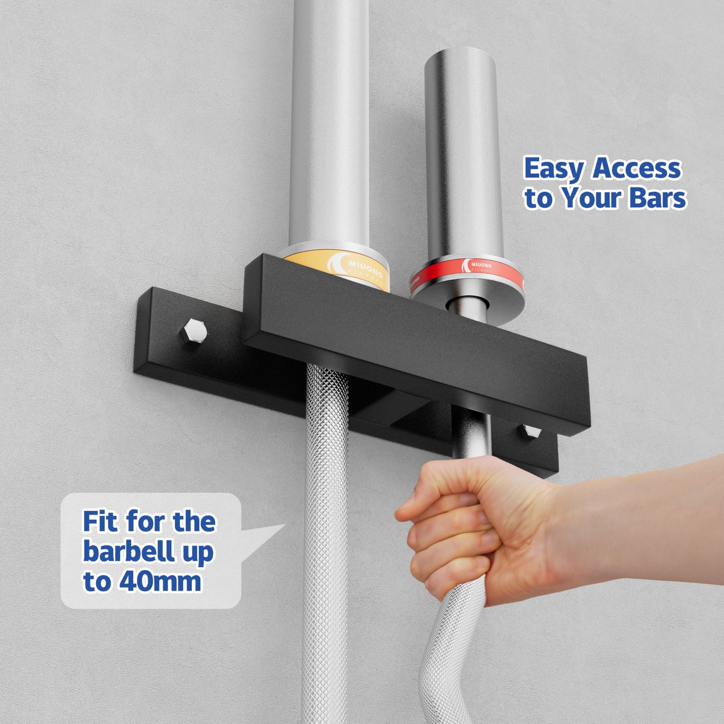 MIUONO Barbell Holder, Wall Mount Barbell Storage Hanger for Vertical Barbell Wall Rack, Garage Gym Olympic Bar Holder, Fits Under 40 mm Bar in Size, 1 Pack