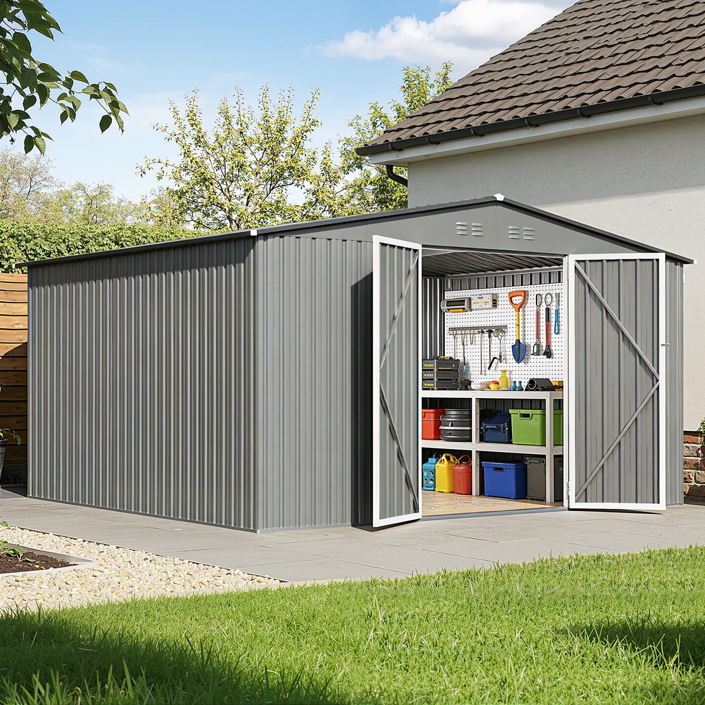 12 x 10FT Sheds & Outdoor Storage, Grey Metal Waterproof Storage Shed with Door and Lock Outdoor Shed,All-Weather Shelter for Bike, Gardening Tools, Lawn Mowers