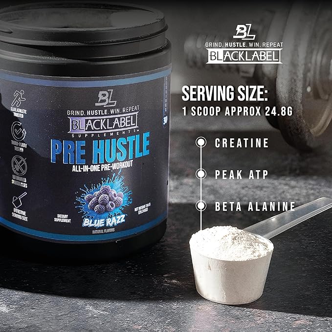 BLACKLABEL Supplements PRE Hustle V3 Pre-Workout Powder ??NSF Certified for Sport ??Energy, Strength & Endurance Support ??Blue Razz ??with Creatine & Caffeine ??30 Servings