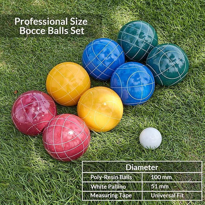 ApudArmis Bocce Balls Set, Regulation Size 100mm Bocce Game for Outdoor/Backyard/Lawn/Beach with 8 PCS 100% Poly-Resin Balls / 1 Pallino/Nylon Carrying Case/Measuring Rope (Red,Blue,Green,Yellow)