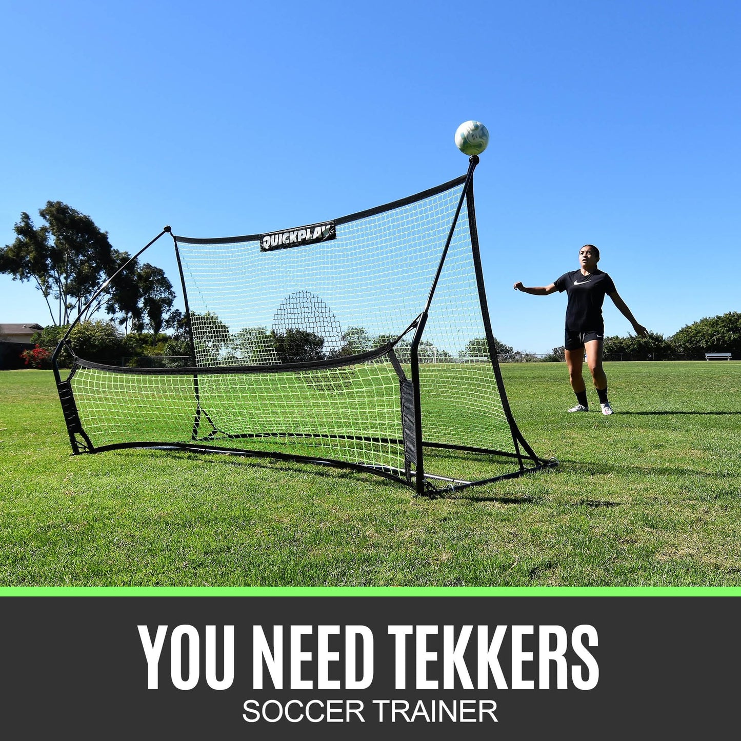 QUICKPLAY TEKKERS TRAINER Soccer Rebounder, 6.5x4' Spot & 6.5x1.5ft Ground Pass Nets, Alloy Steel, Fiberglass, Black, Green, Portable