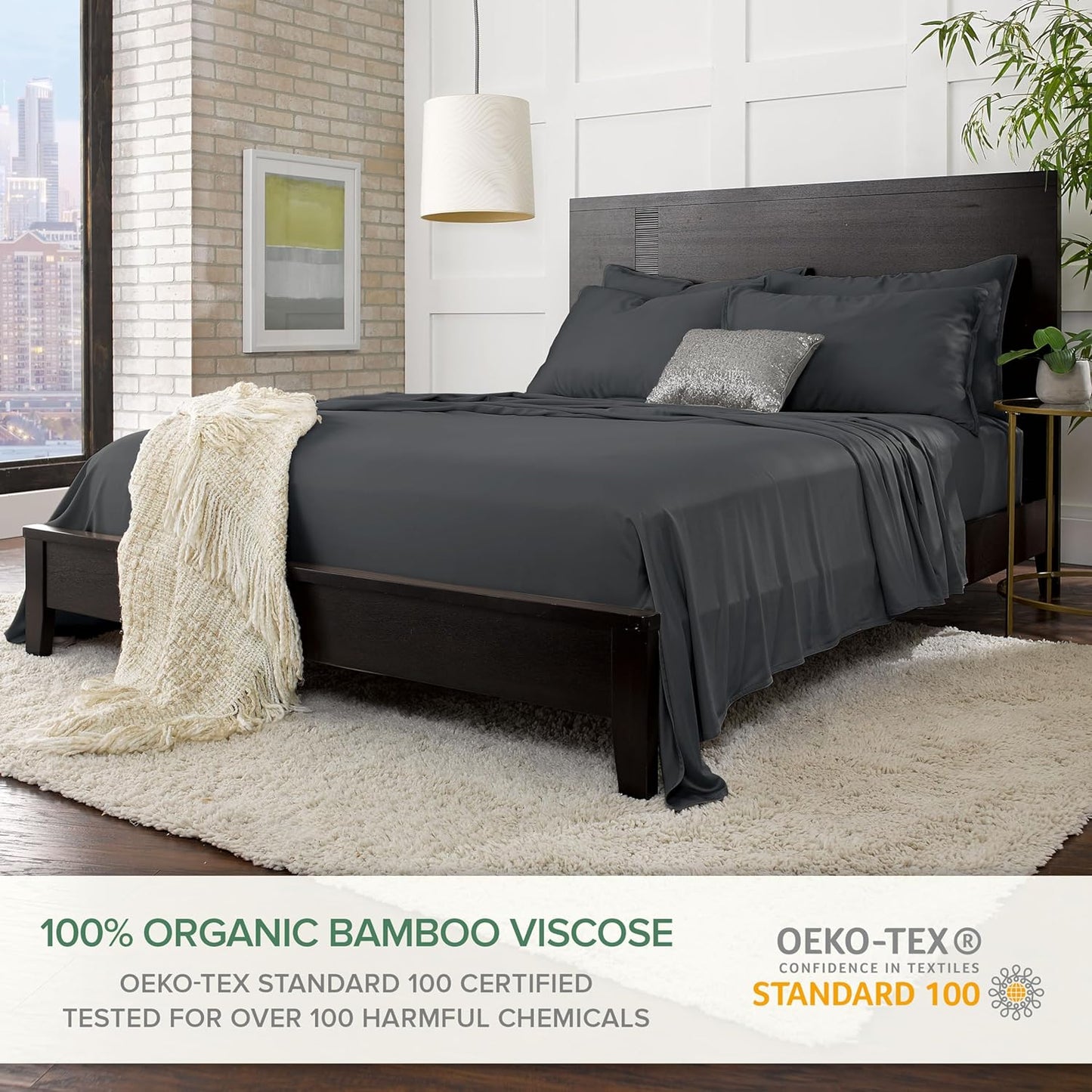 Pure Bamboo Split King Sheets - 100% Organic Viscose Bed Sheet Set, Soft & Cooling, Charcoal