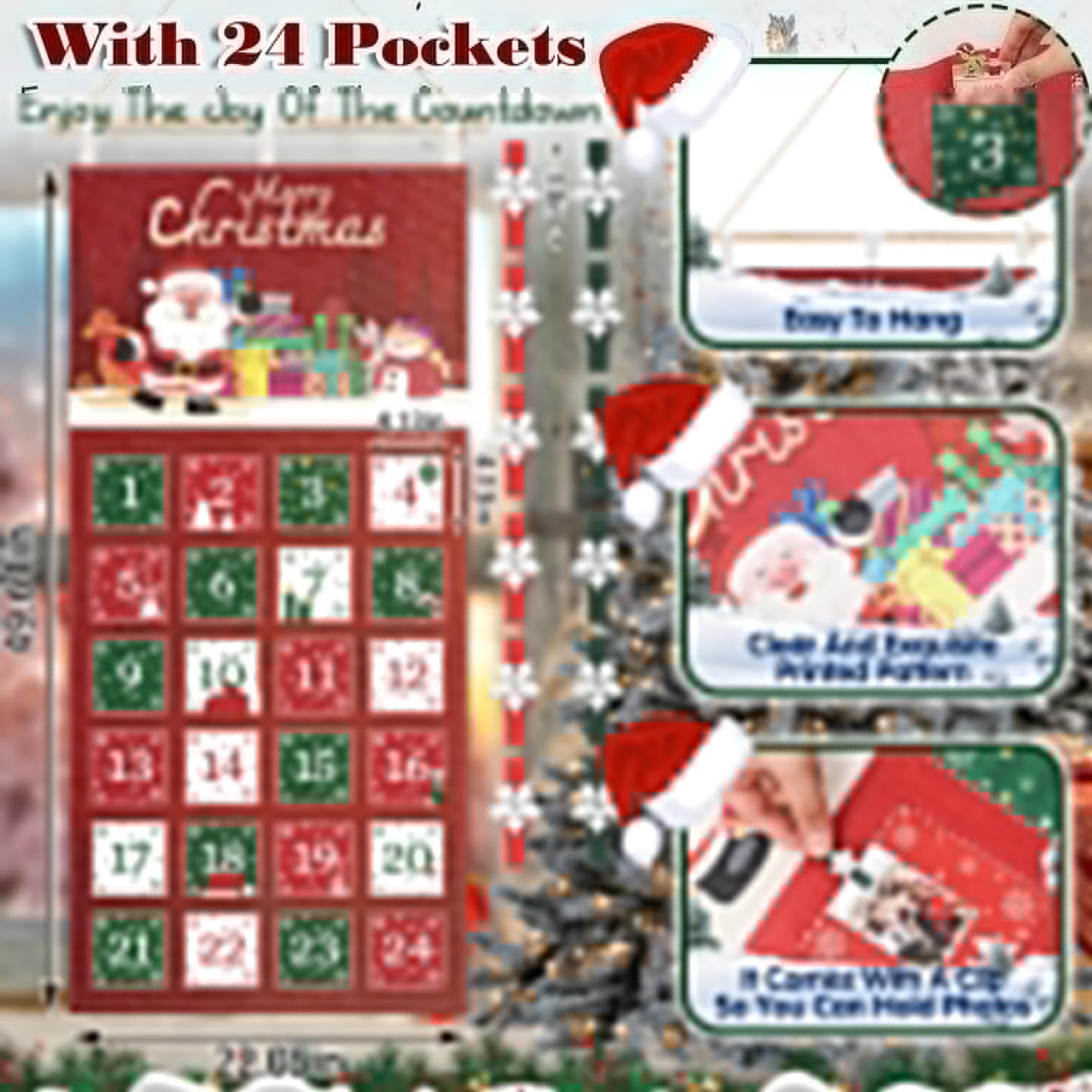 Weysat Christmas Fabric Advent Calendar - Reusable 24-Day Countdown Wall Hanging with Pockets & Clips | Santa Claus Design