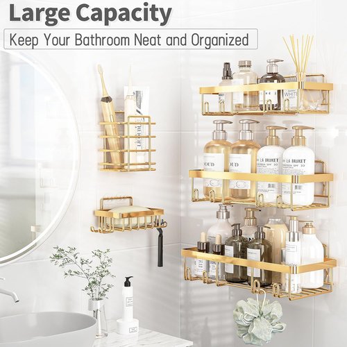 Liuoud Shower Caddy Organizer - Rustproof Stainless Steel Wall Storage Basket Set | 5 Pack, Gold