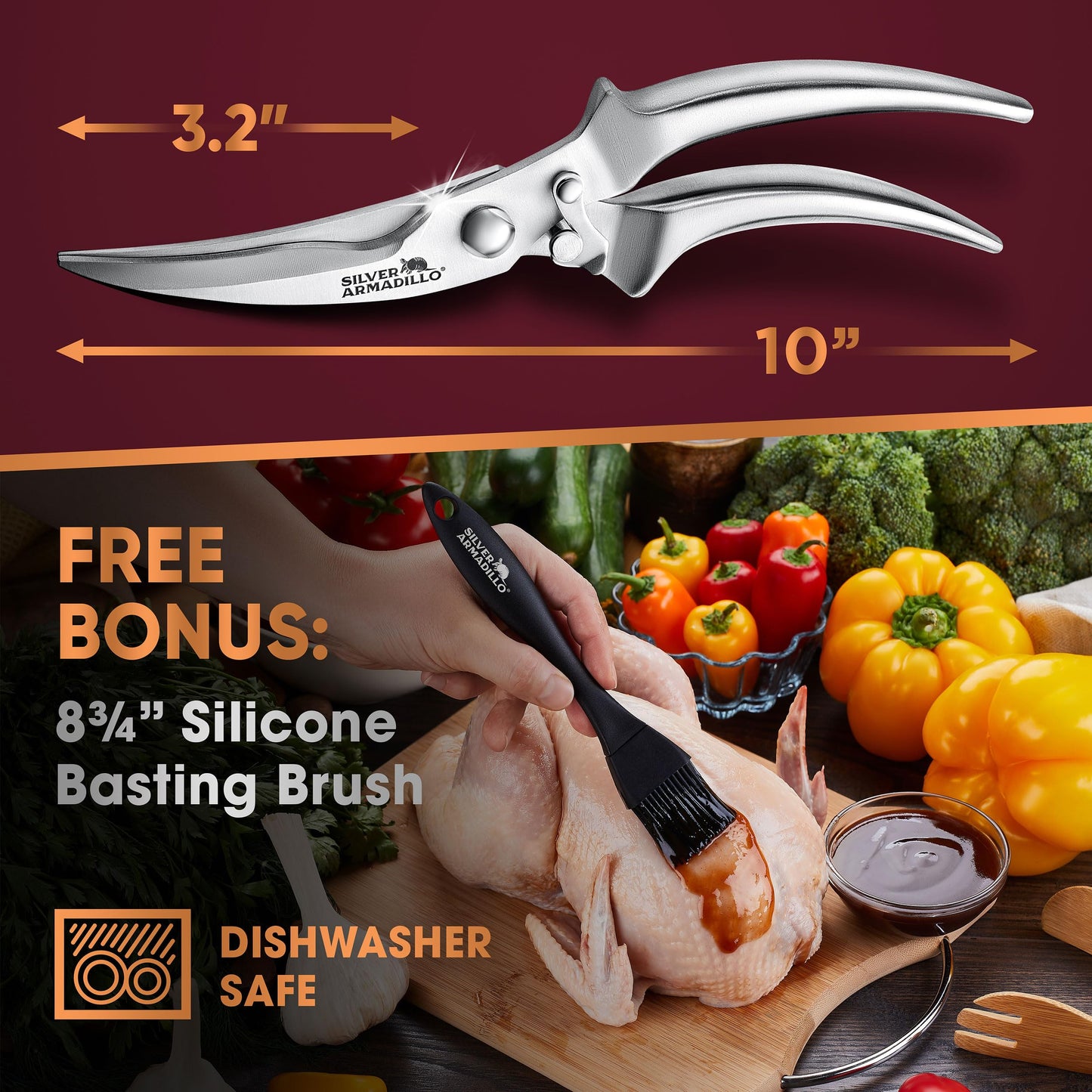Silver Armadillo Heavy Duty Poultry Shears - Professional Stainless Steel Kitchen Scissors for Bone, Chicken, Meat, Fish & Vegetables - Spring Loaded (Stainless Steel handles)