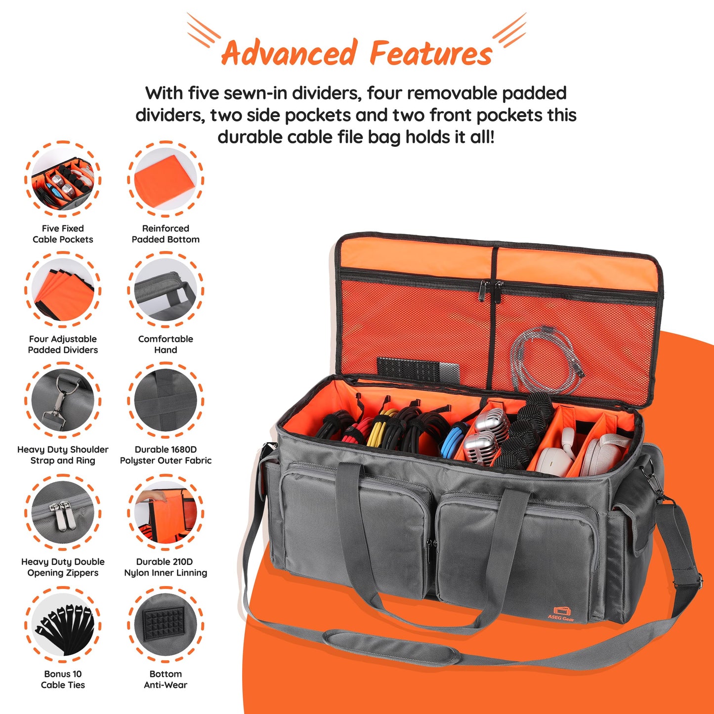 ASEG Gear Heavy Duty - DJ Cable Bag Organizer with Detachable Dividers – Travel Gig Bag – Case for Equipment - Music Equipment & Accessories - Heavy Duty Exterior & Padded Nylon Interior