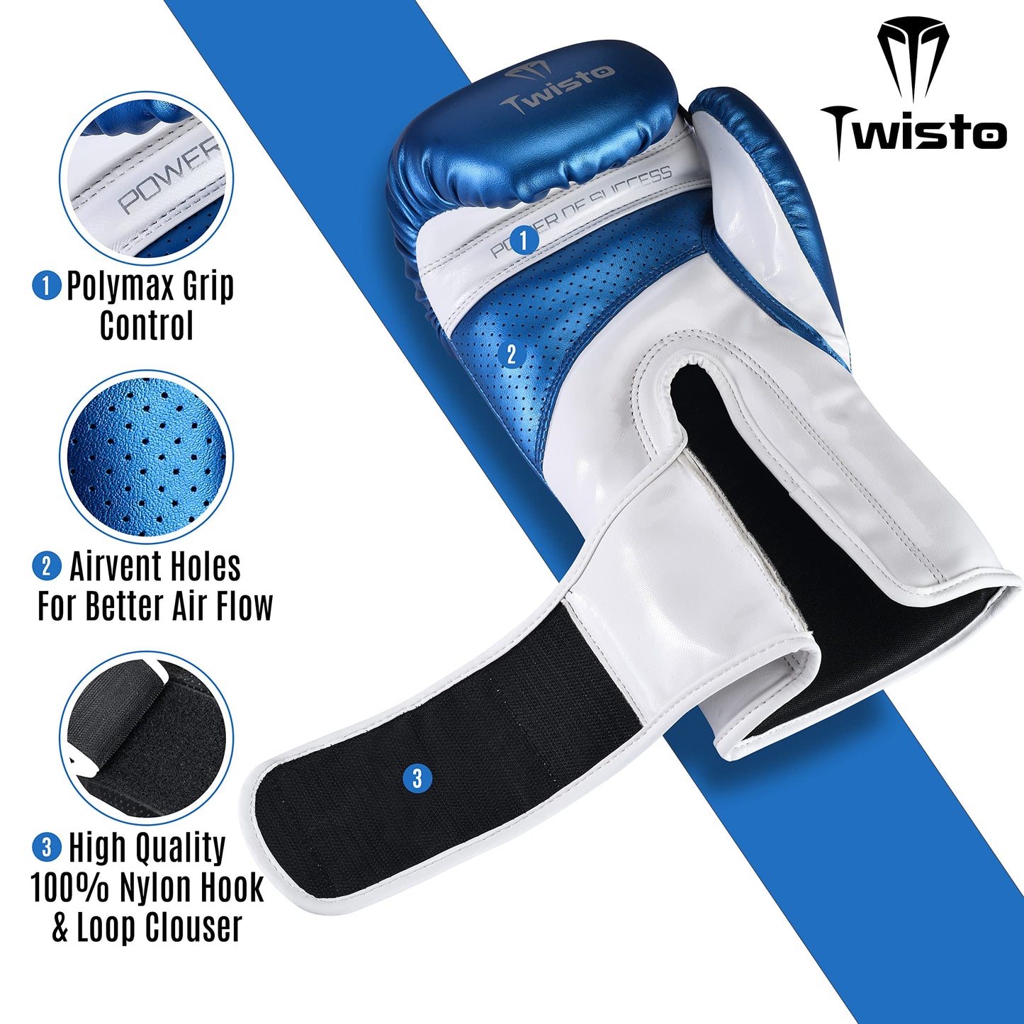Twisto Boxing Gloves - Pro Training & Sparring, Maya Hide Leather, Muay Thai, MMA, Kickboxing, Men, Women, Adults, Heavy Punching Bag, Focus Mitts, Pads, Gym Workout (Metallic Blue, 16 oz)
