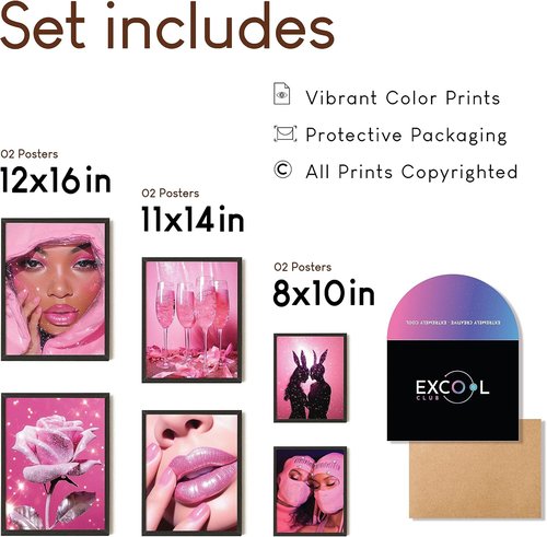 EXCOOL CLUB Pink Room Decor - Aesthetic 12x16 Hot Pink Wall Art Prints for Trendy Teen Girls Dorm (Unframed)