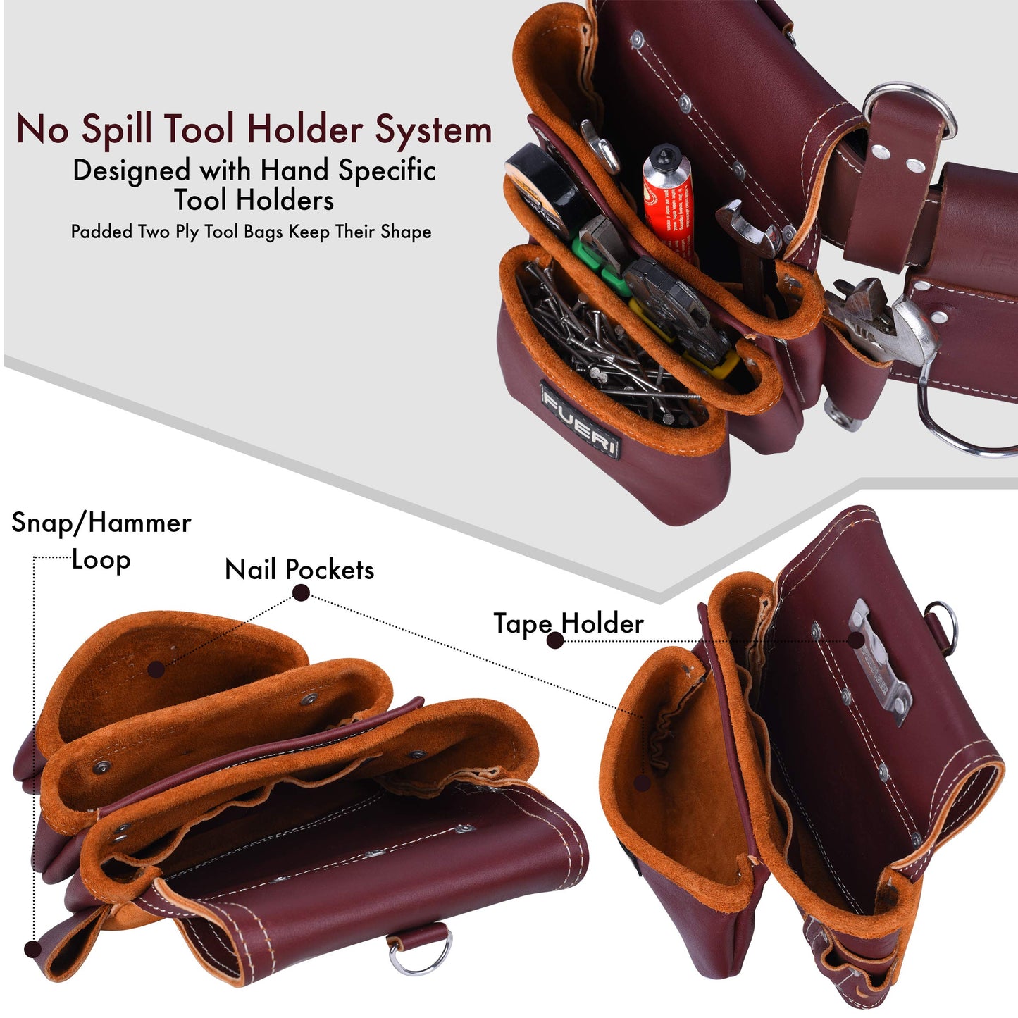 FUERI Full Grain Leather tool belts for men, Heavy-duty Carpenter Tool Rig organizer with 17 Pockets pouches, hammer holder, 4-Suspender loops, and a foam-padded belt for Framers, and Electricians