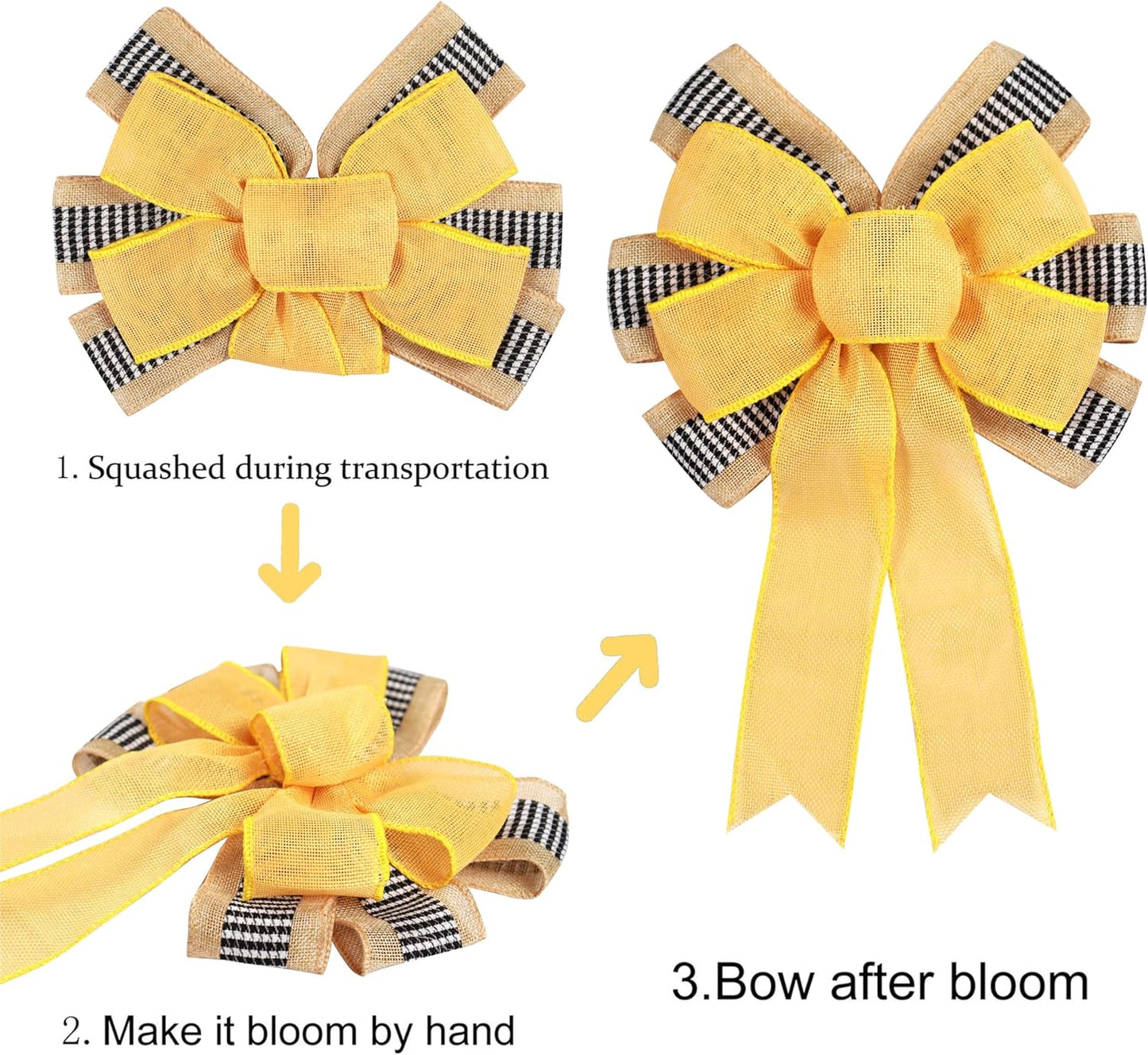 Skiennix Decorative Bow | 2 PCS Spring Summer Wreath Decor with Yellow Burlap & Black Stripe Ribbon