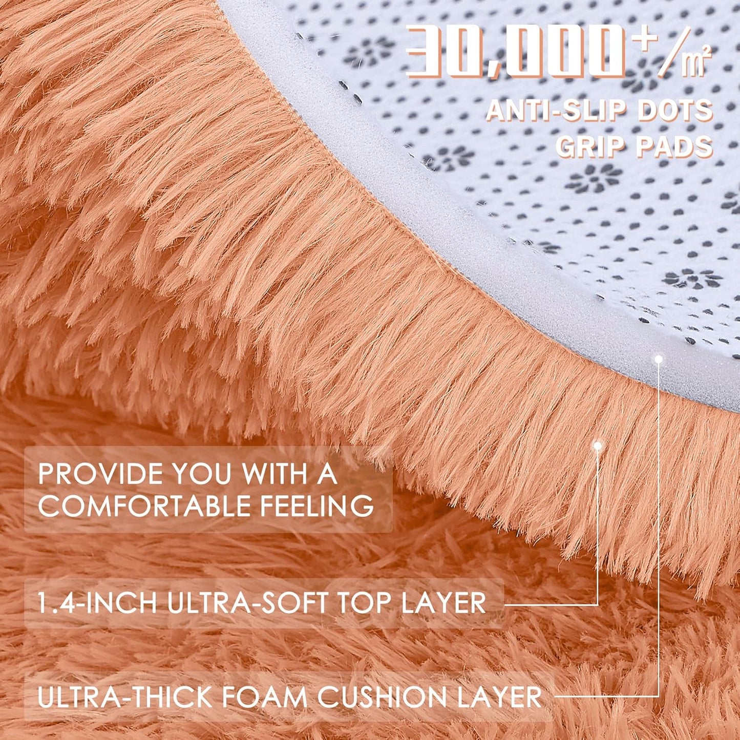 OLANLY Round Area Rug - Soft Muted Orange Shaggy Carpet, 2 ft Circle for Bedroom & Living Room Decor