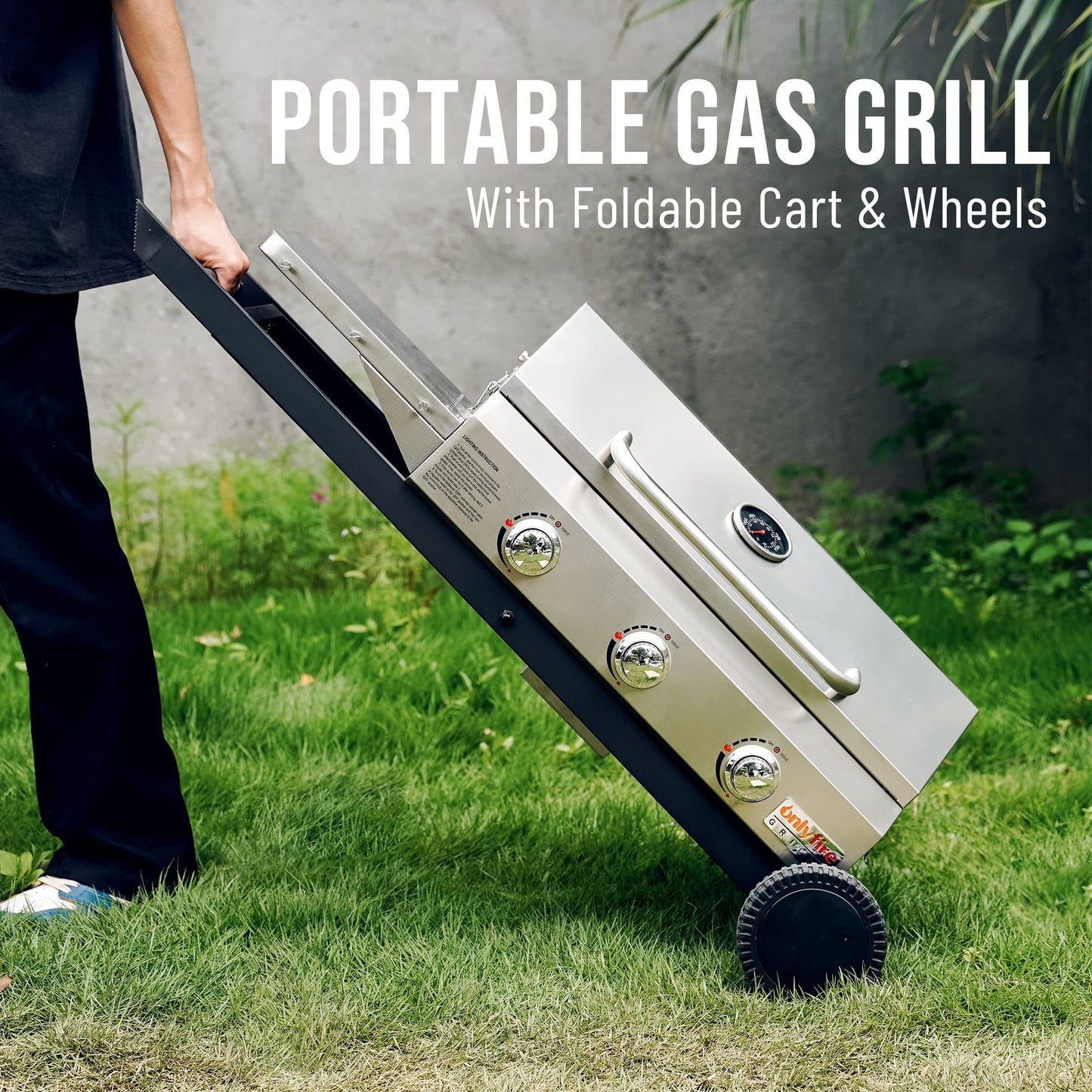 BBQ Gas Grill 3-Burner with Foldable Cart & Side Table, Premium Portable Propane Grill with 22" Cooking Grate for Outdoor Patio Backyard Barbecue Camping Tailgating RV, Stainless Steel, Classic GS308